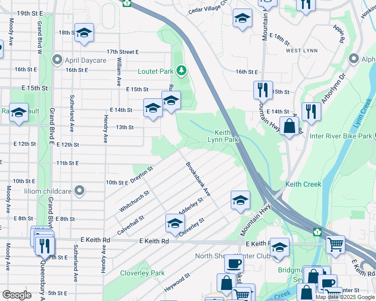 map of restaurants, bars, coffee shops, grocery stores, and more near 1033 Drayton Street in North Vancouver