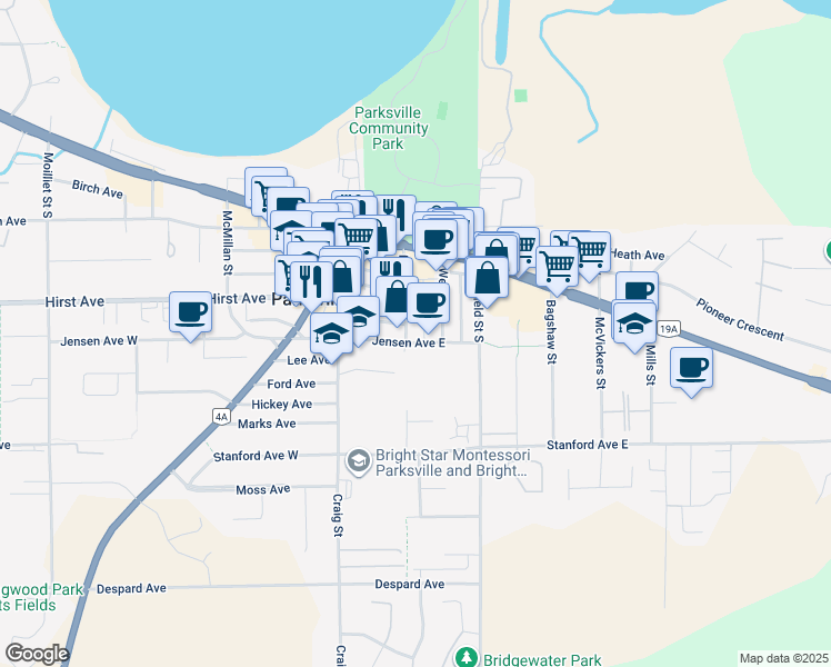 map of restaurants, bars, coffee shops, grocery stores, and more near 188 McCarter Street in Parksville