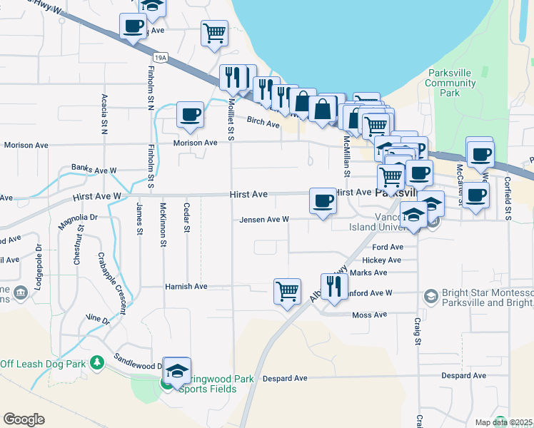 map of restaurants, bars, coffee shops, grocery stores, and more near 355 Jensen Avenue West in Parksville
