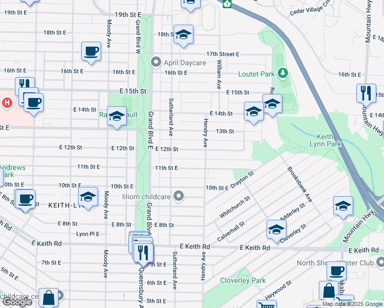 map of restaurants, bars, coffee shops, grocery stores, and more near 761 East 12th Street in North Vancouver