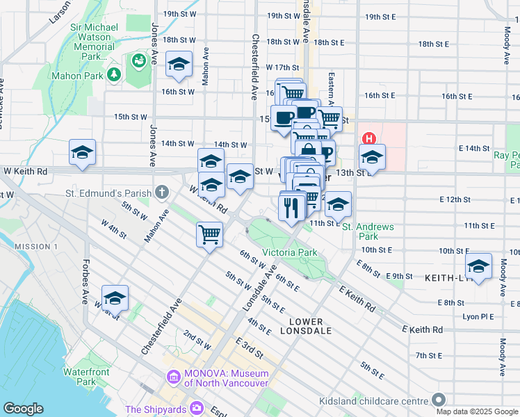 map of restaurants, bars, coffee shops, grocery stores, and more near 160 Keith Road West in North Vancouver