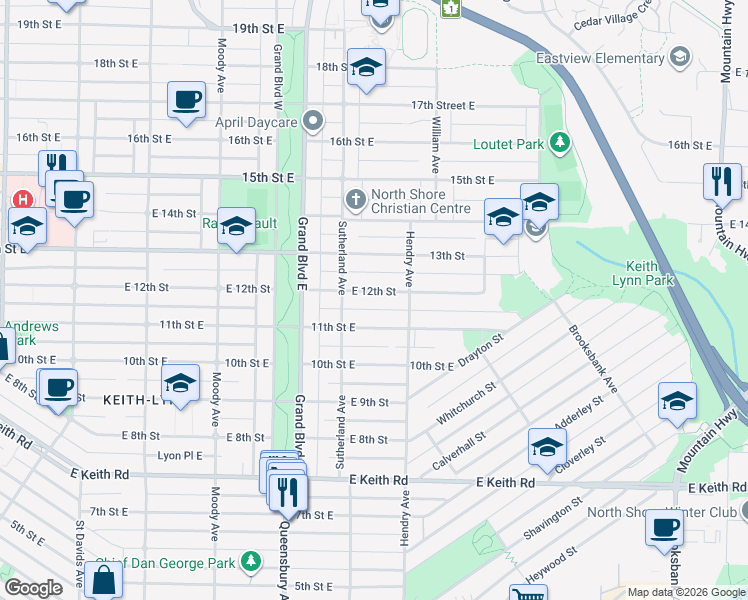 map of restaurants, bars, coffee shops, grocery stores, and more near 747 12th Street East in North Vancouver