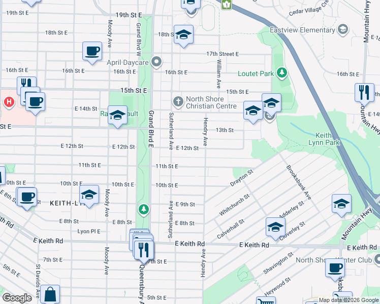 map of restaurants, bars, coffee shops, grocery stores, and more near 755 12th Street East in North Vancouver