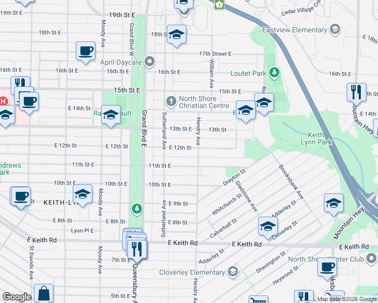 map of restaurants, bars, coffee shops, grocery stores, and more near 773 12th Street East in North Vancouver