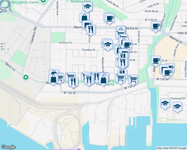 map of restaurants, bars, coffee shops, grocery stores, and more near 1375 McBride Street in North Vancouver