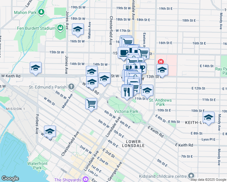 map of restaurants, bars, coffee shops, grocery stores, and more near 160 West Keith Road in North Vancouver
