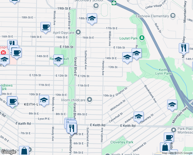 map of restaurants, bars, coffee shops, grocery stores, and more near 761 East 12th Street in North Vancouver