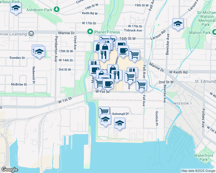 map of restaurants, bars, coffee shops, grocery stores, and more near in North Vancouver