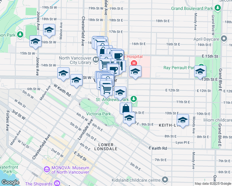map of restaurants, bars, coffee shops, grocery stores, and more near in North Vancouver