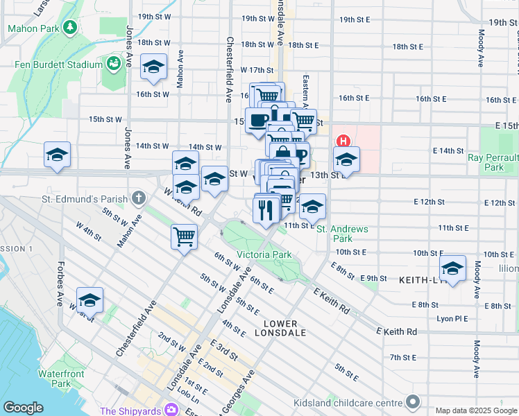 map of restaurants, bars, coffee shops, grocery stores, and more near in North Vancouver