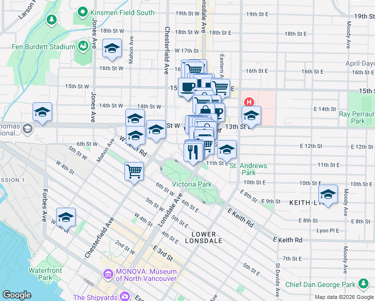 map of restaurants, bars, coffee shops, grocery stores, and more near 128 West 8th Avenue in Vancouver