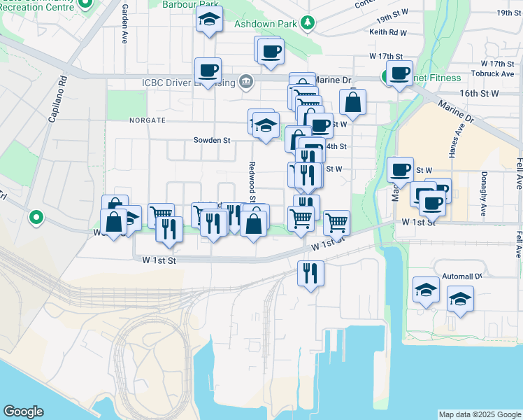 map of restaurants, bars, coffee shops, grocery stores, and more near 1281 McBride Street in North Vancouver
