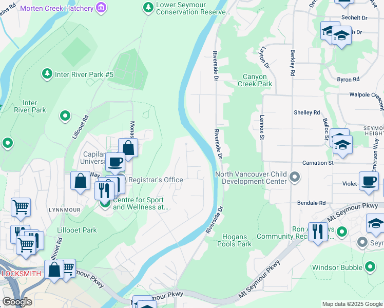 map of restaurants, bars, coffee shops, grocery stores, and more near 1226 Seymour Boulevard in North Vancouver
