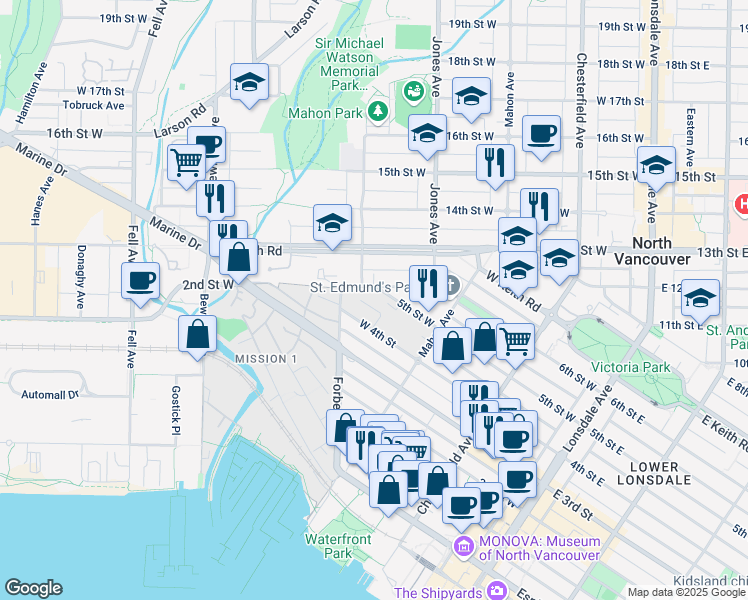 map of restaurants, bars, coffee shops, grocery stores, and more near 351 Chief Joseph Crescent in North Vancouver