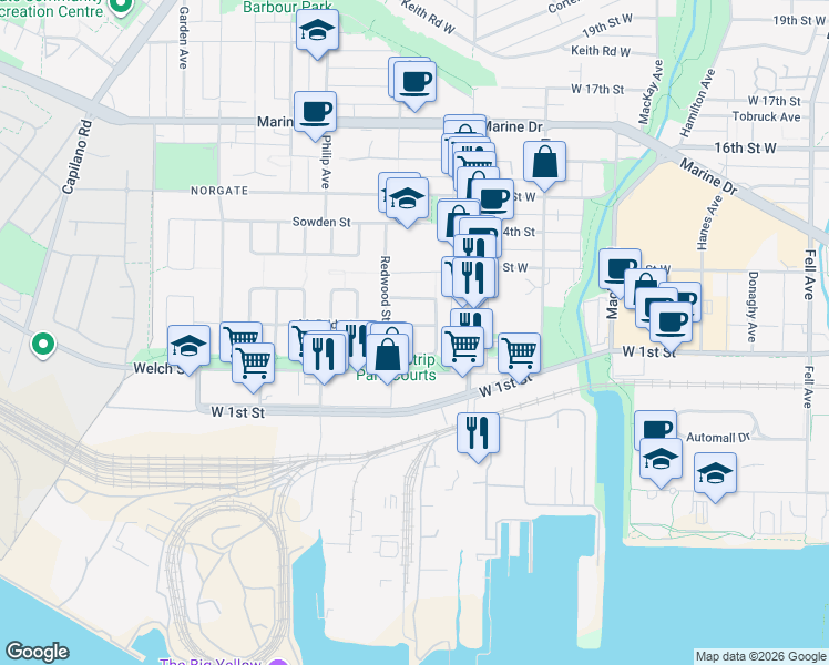 map of restaurants, bars, coffee shops, grocery stores, and more near 1257 McBride Street in North Vancouver