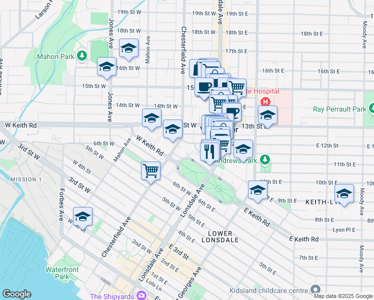 map of restaurants, bars, coffee shops, grocery stores, and more near 160 West Keith Road in North Vancouver