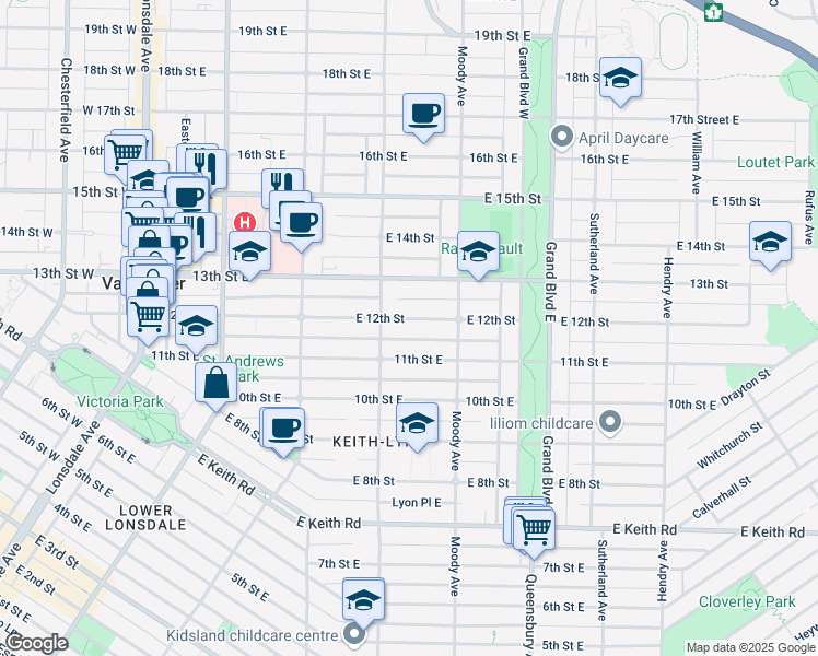 map of restaurants, bars, coffee shops, grocery stores, and more near 423 12th Street East in North Vancouver