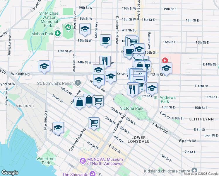 map of restaurants, bars, coffee shops, grocery stores, and more near 717 Chesterfield Avenue in North Vancouver