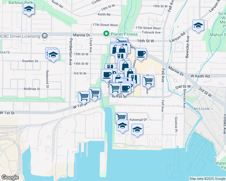 map of restaurants, bars, coffee shops, grocery stores, and more near 980 West 1st Street in North Vancouver