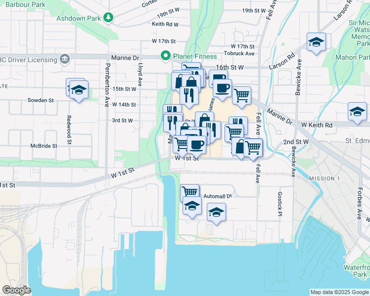 map of restaurants, bars, coffee shops, grocery stores, and more near 980 West 1st Street in North Vancouver