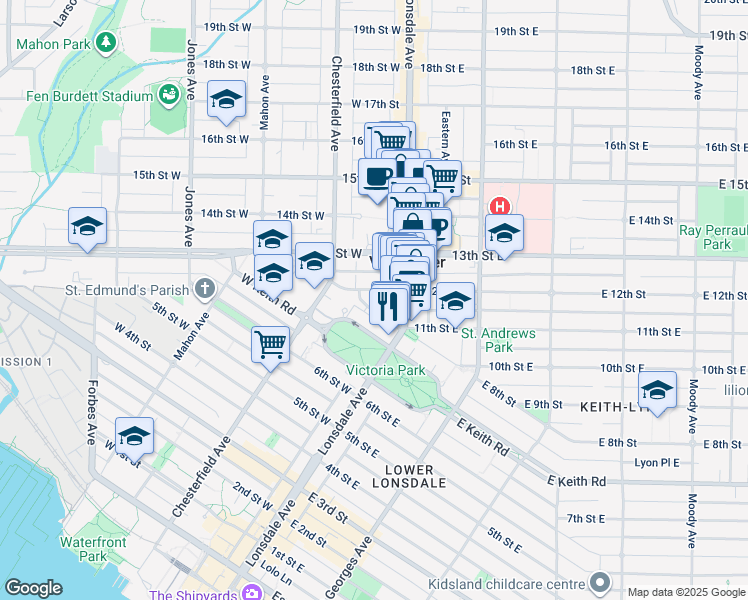map of restaurants, bars, coffee shops, grocery stores, and more near 128 8th Street West in North Vancouver