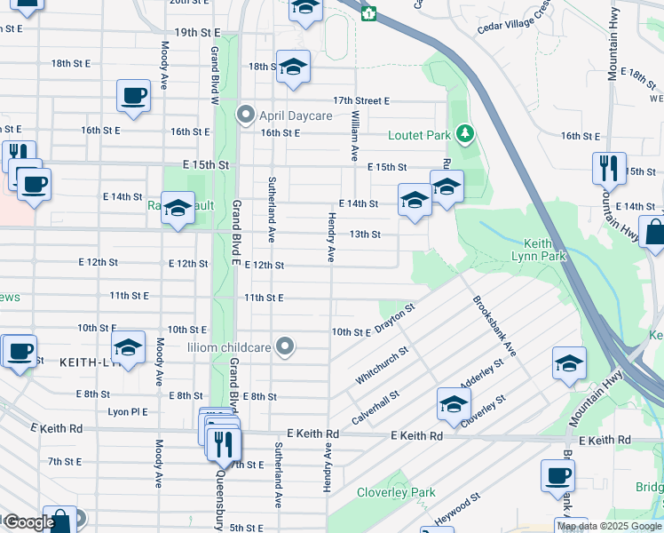 map of restaurants, bars, coffee shops, grocery stores, and more near East 12th Street in North Vancouver