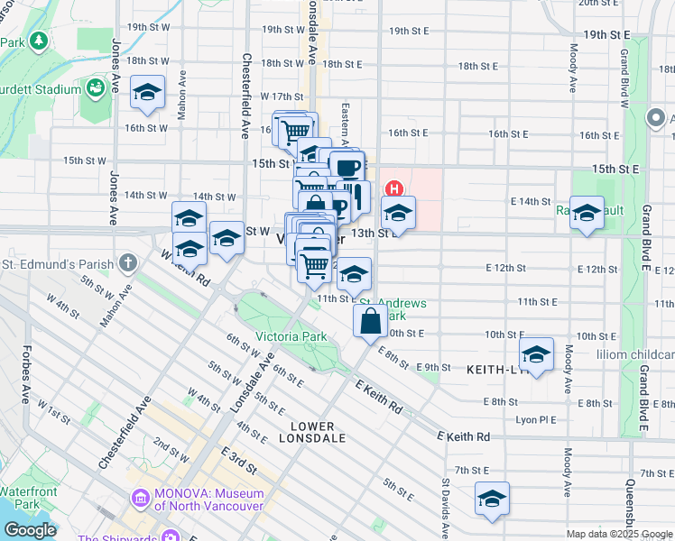 map of restaurants, bars, coffee shops, grocery stores, and more near 127 East 12th Street in North Vancouver