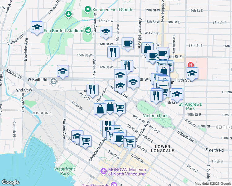 map of restaurants, bars, coffee shops, grocery stores, and more near 247 West Keith Road in North Vancouver