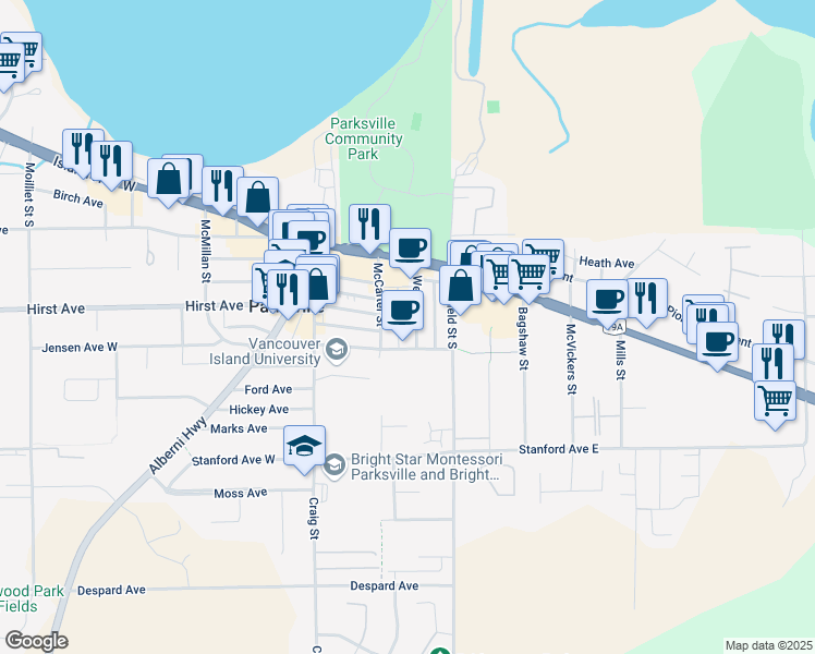 map of restaurants, bars, coffee shops, grocery stores, and more near 188 McCarter Street in Parksville