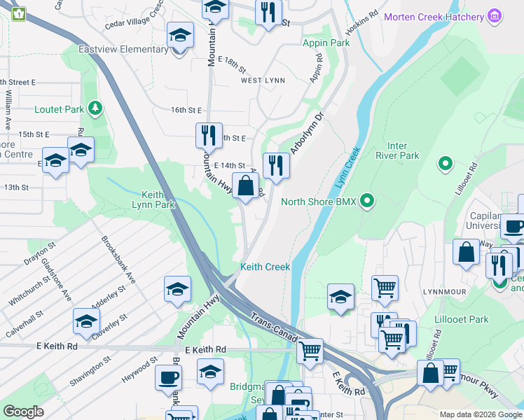 map of restaurants, bars, coffee shops, grocery stores, and more near 1219 Arborlynn Drive in North Vancouver
