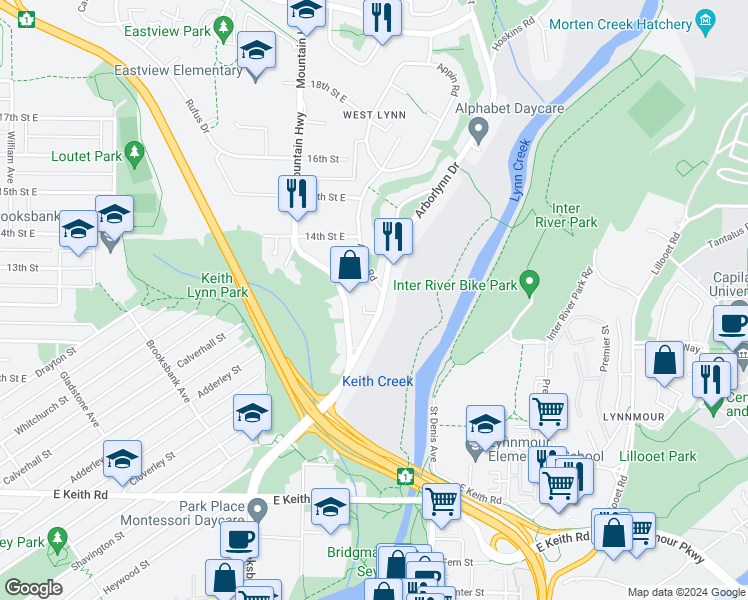 map of restaurants, bars, coffee shops, grocery stores, and more near 1219 Arborlynn Drive in North Vancouver