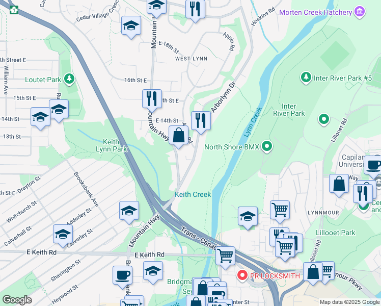 map of restaurants, bars, coffee shops, grocery stores, and more near 1219 Arborlynn Drive in North Vancouver