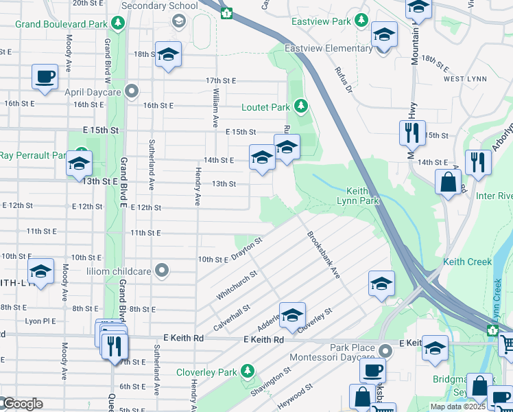 map of restaurants, bars, coffee shops, grocery stores, and more near 1204 Gladstone Avenue in North Vancouver