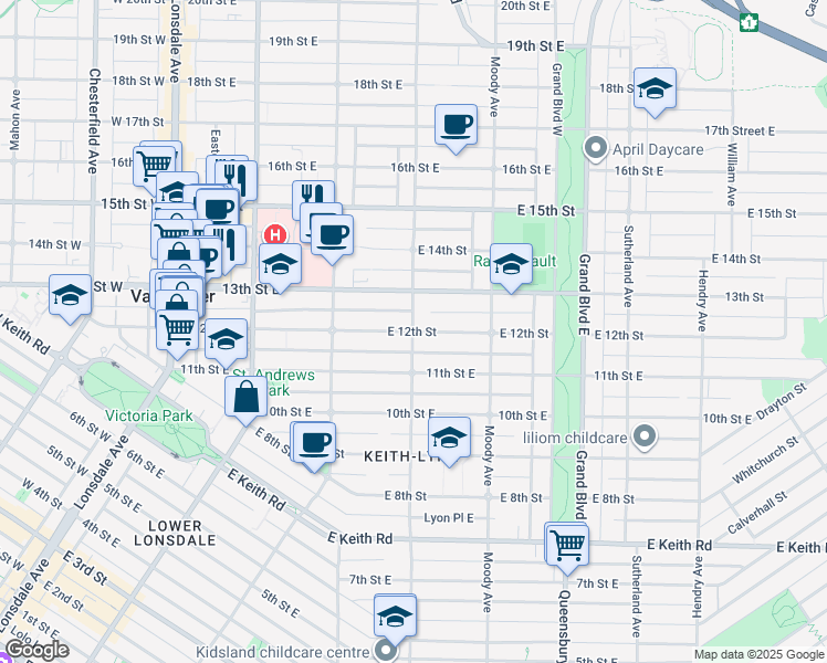 map of restaurants, bars, coffee shops, grocery stores, and more near 457 East 12th Street in North Vancouver
