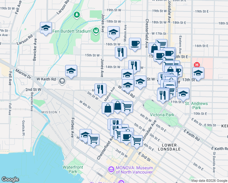 map of restaurants, bars, coffee shops, grocery stores, and more near 620 Mahon Avenue in North Vancouver