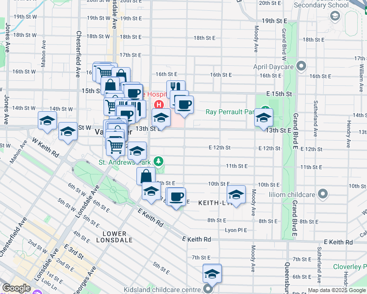 map of restaurants, bars, coffee shops, grocery stores, and more near 257 12th Street East in North Vancouver