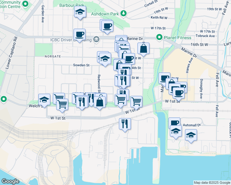 map of restaurants, bars, coffee shops, grocery stores, and more near 1202 Pinewood Crescent in North Vancouver