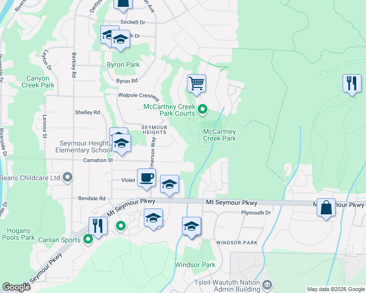 map of restaurants, bars, coffee shops, grocery stores, and more near 2851 Trillium Place in North Vancouver