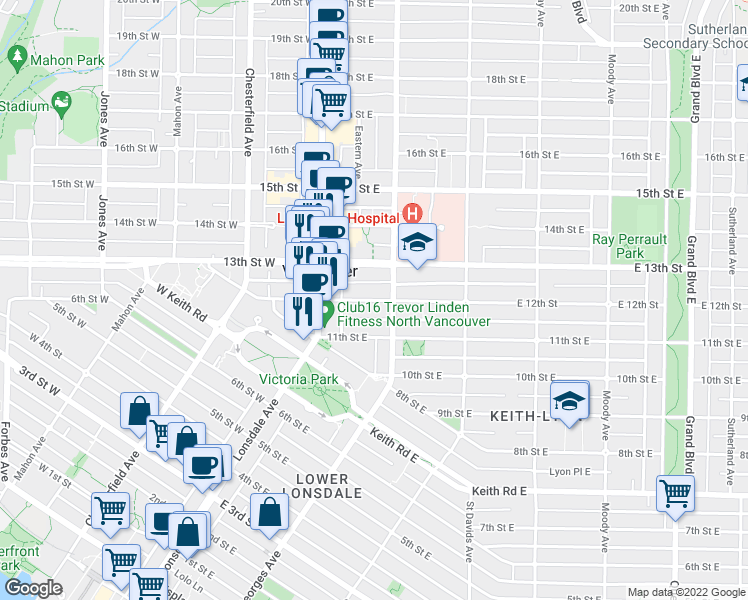 map of restaurants, bars, coffee shops, grocery stores, and more near 423 12th Street East in North Vancouver