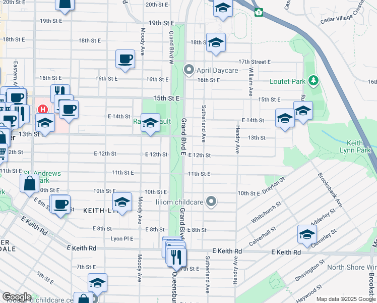 map of restaurants, bars, coffee shops, grocery stores, and more near in North Vancouver