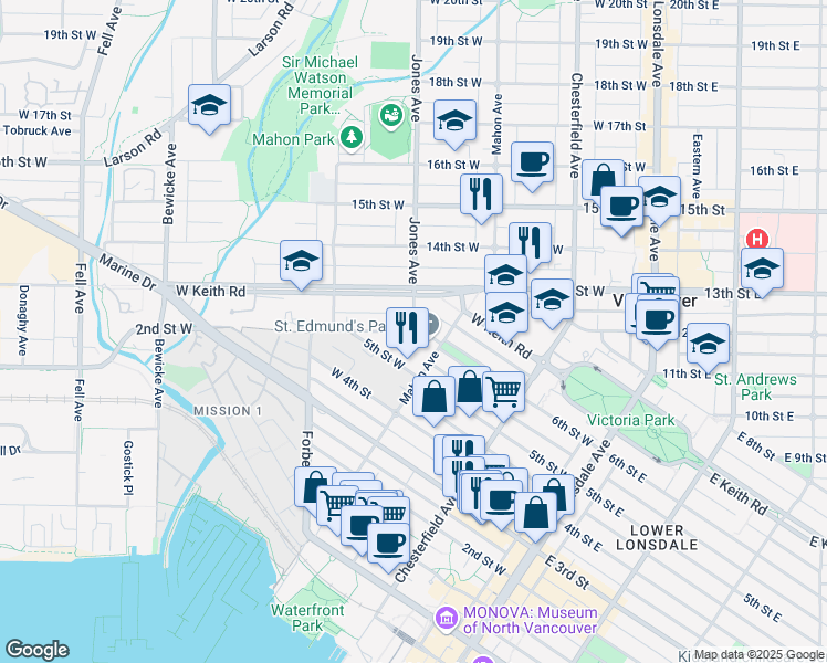 map of restaurants, bars, coffee shops, grocery stores, and more near 408 6th Street West in North Vancouver