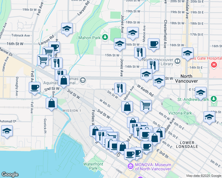 map of restaurants, bars, coffee shops, grocery stores, and more near in North Vancouver
