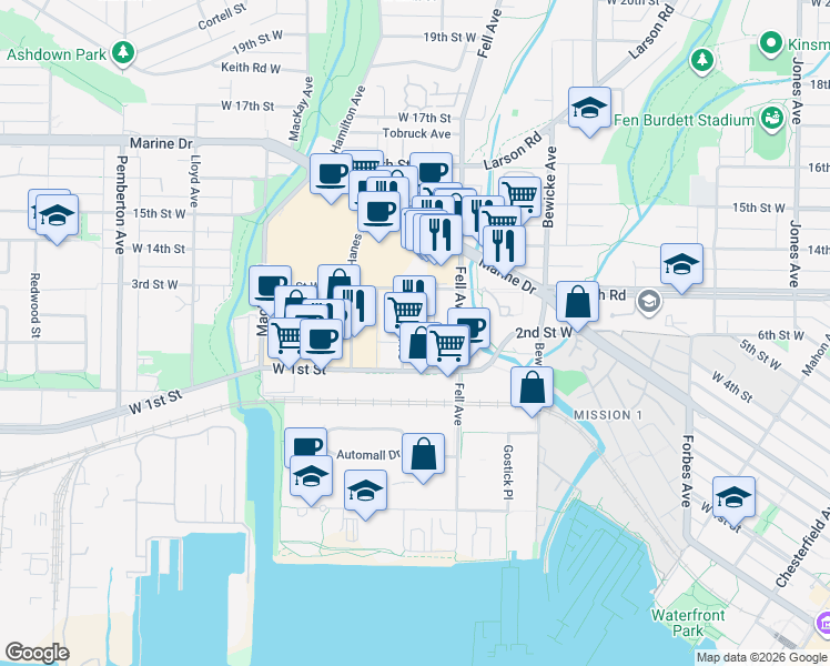 map of restaurants, bars, coffee shops, grocery stores, and more near 180 Donaghy Avenue in North Vancouver