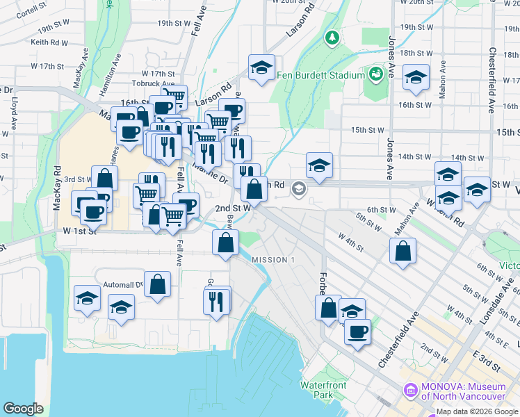 map of restaurants, bars, coffee shops, grocery stores, and more near 341 3rd Street West in North Vancouver
