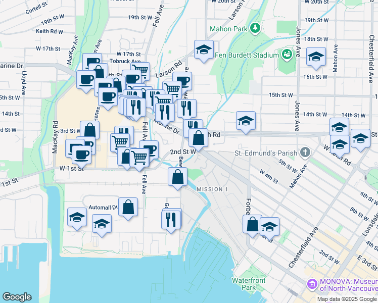 map of restaurants, bars, coffee shops, grocery stores, and more near 565 2nd Street West in North Vancouver