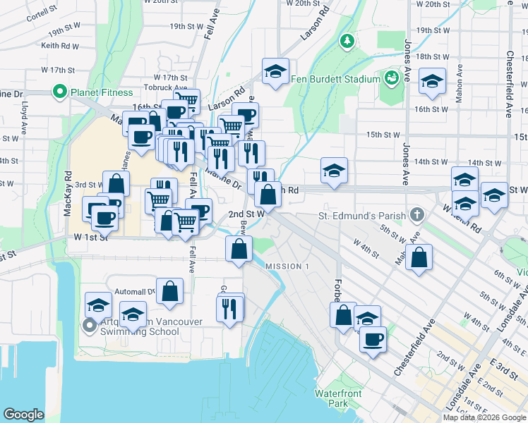 map of restaurants, bars, coffee shops, grocery stores, and more near 603 3rd Street West in North Vancouver