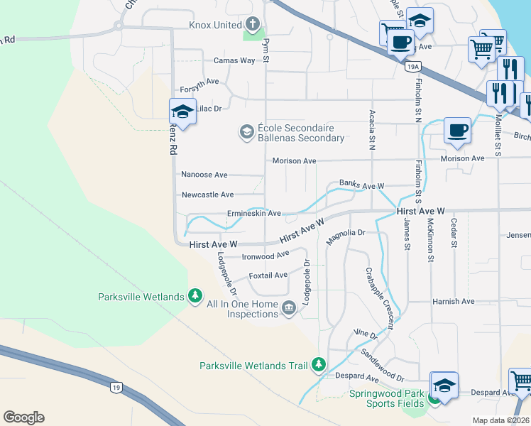 map of restaurants, bars, coffee shops, grocery stores, and more near 104 Pym Street South in Parksville