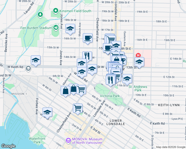 map of restaurants, bars, coffee shops, grocery stores, and more near 751 Chesterfield Avenue in North Vancouver