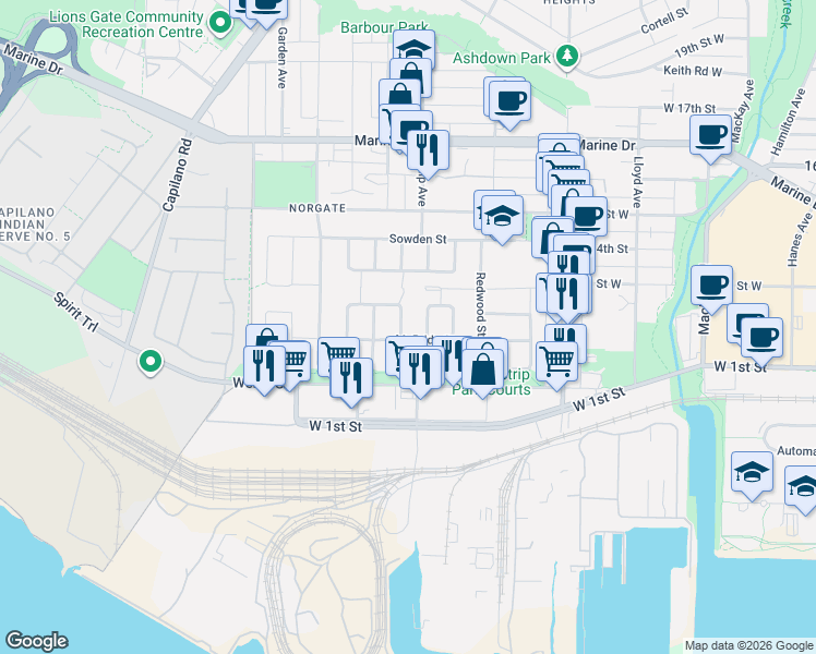 map of restaurants, bars, coffee shops, grocery stores, and more near 1208 Rosewood Crescent in North Vancouver