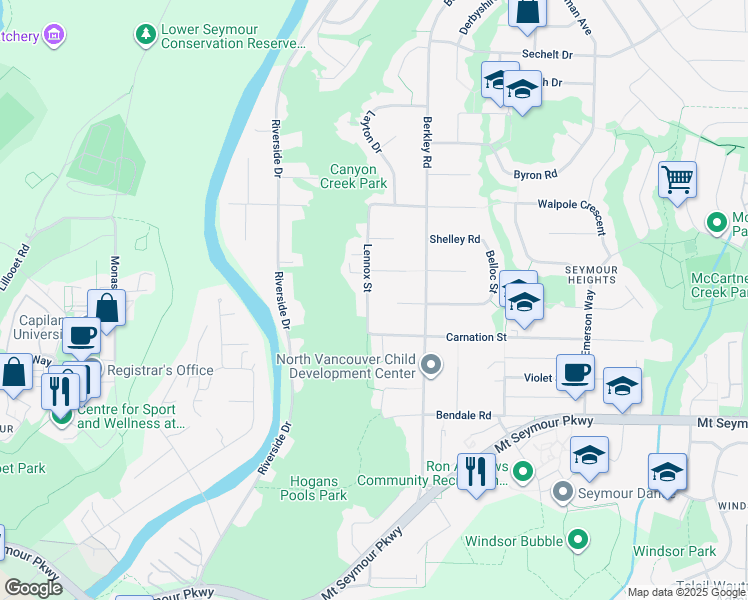 map of restaurants, bars, coffee shops, grocery stores, and more near 1302 Lennox Street in North Vancouver